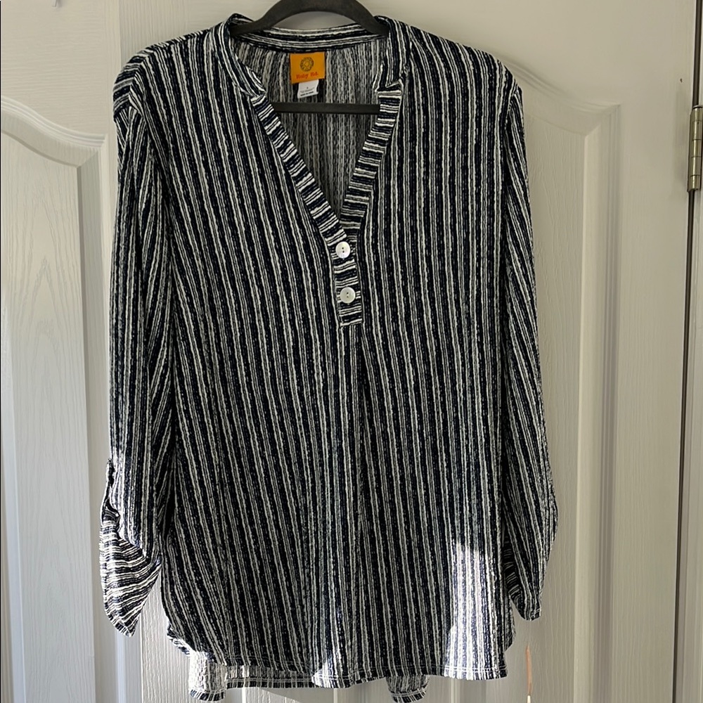 Navy and white striped Ruby Rd. tunic, size L
